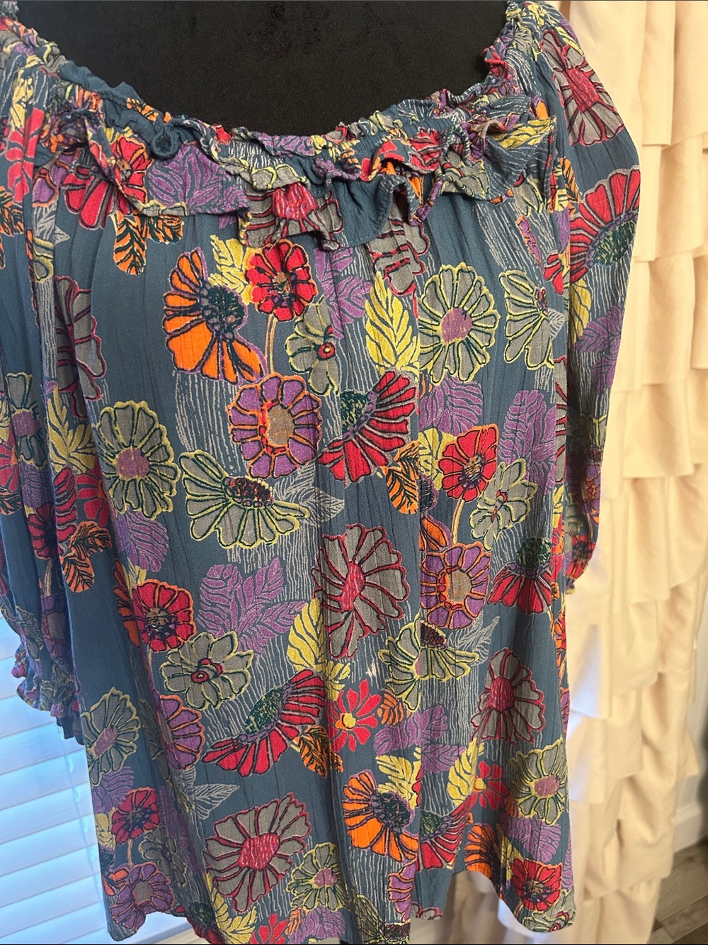 Boho Floral Off-Shoulder Blouse in Teal with Multicolor Embroidery